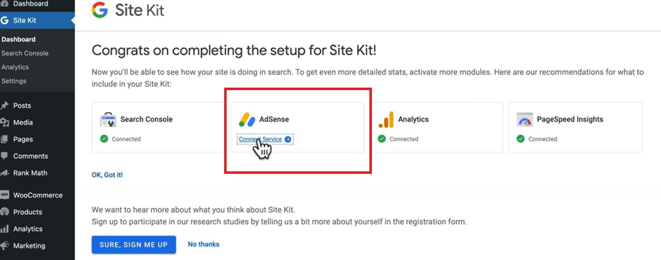 WordPress AdSense - Site Kit AdSense Connect Service option